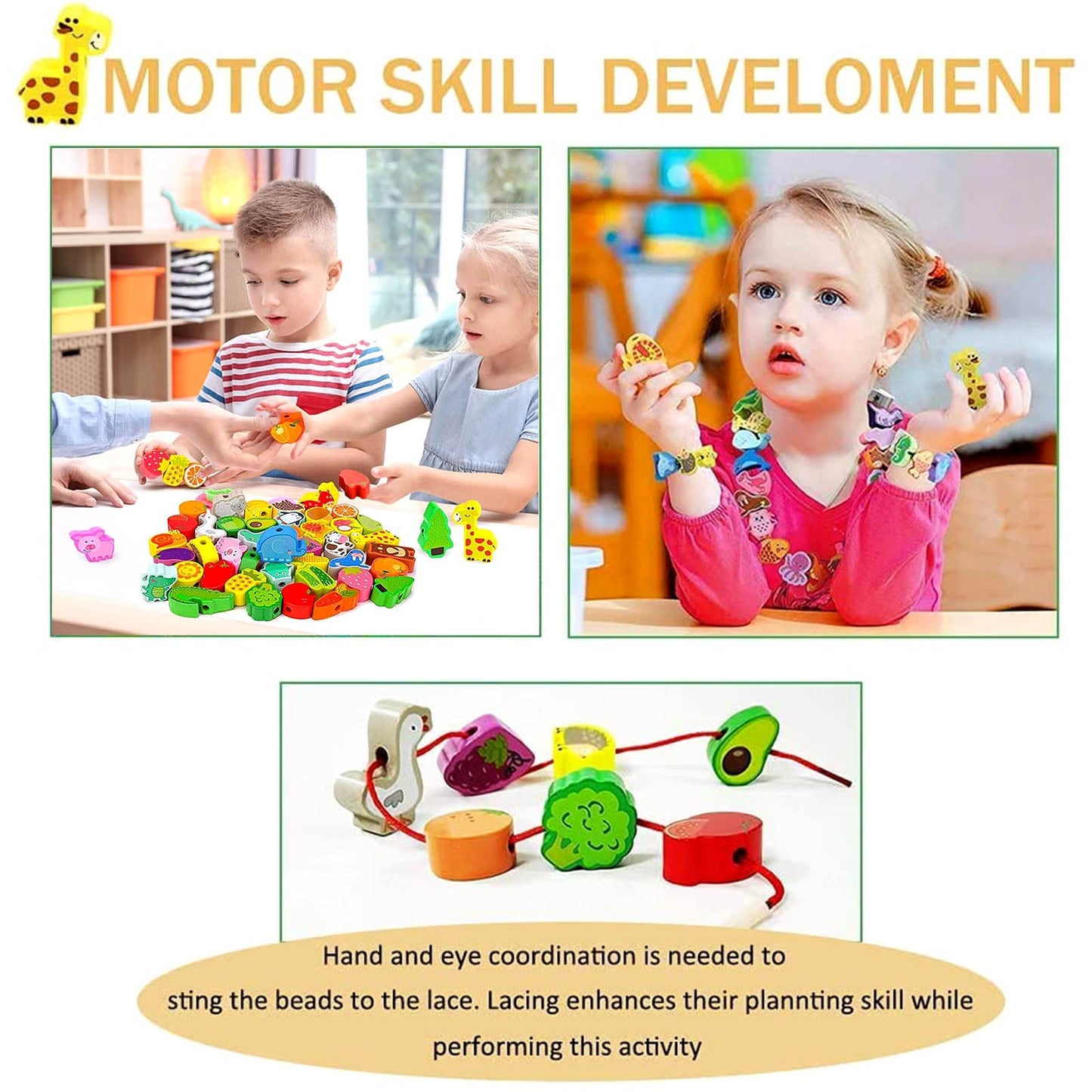 Intsinzi 46 Pcs Montessori Wooden Lacing Beads Toys For Toddlers,Educational Stringing Animals Fruits Farm Threading Beads Preschool Learning Toys For Kids 3 4 5 6 Year Old Boys Girls…