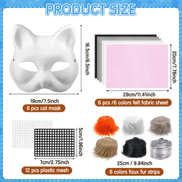 Draupnir 6Pcs Therian Mask Kit Cat Fox Mask with Felt Fabric Sheet, Fur and Eye Mesh, DIY Blank White Paper Cat Face Mask to Pai
