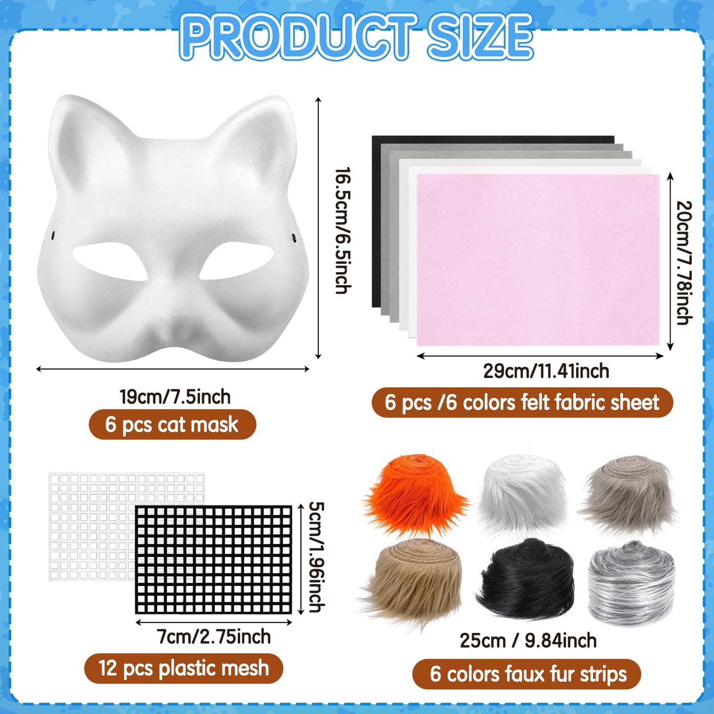 Draupnir 6Pcs Therian Mask Kit Cat Fox Mask with Felt Fabric Sheet, Fur and Eye Mesh, DIY Blank White Paper Cat Face Mask to Pai