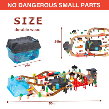 WoodenEdu 100Pcs Wooden Train Set for 3 Year Old Boys, Double-Side Train Set Tracks with Bridge Train Station & Storage Box, Fit