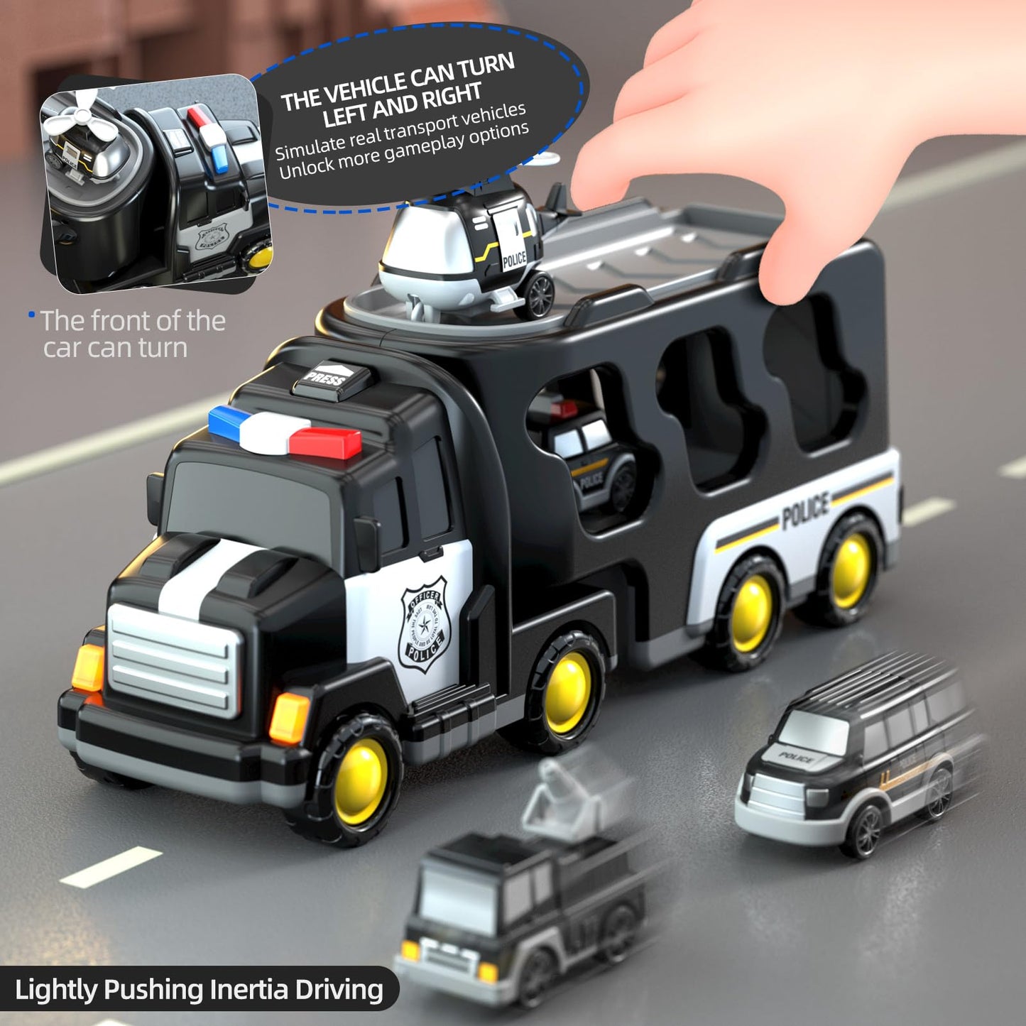 Beby Buty 5 in 1 Police Truck & Car Toys for Toddlers 3-5, Light & Sound, Birthday Gift for Boys 3-6 Years, Durable Plastic