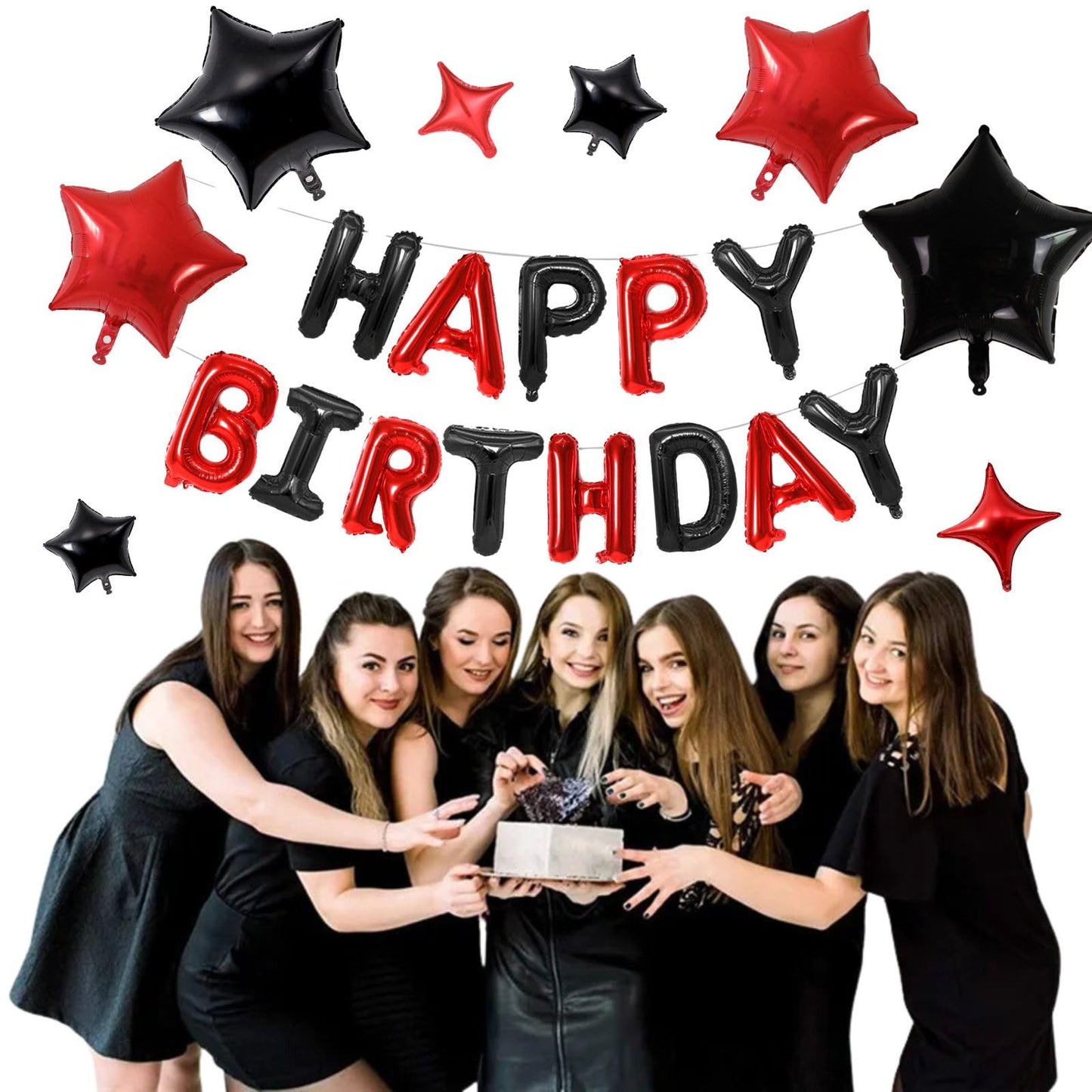 Happy Birthday Balloons Banner, Red Black Happy Birthday Foil Balloons 16 Inch Mylar Foil Letter Balloons With 8 Pcs Black Red S