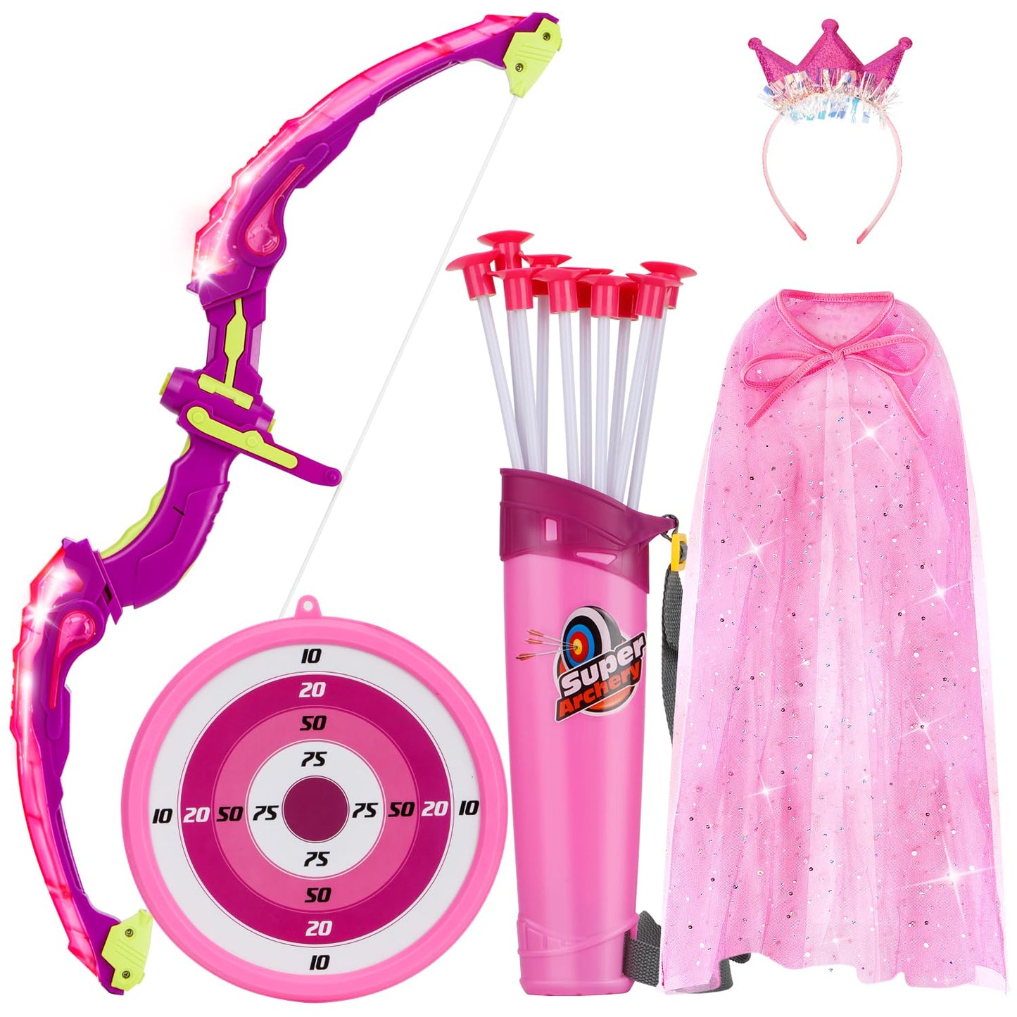 Bow And Arrow For Kids, Led Light Up Archery Set With Princess Cape And Crown, 10 Suction Cup Arrows, Target & Quivers, Outdoor Toy For Girls Aged 3-8, Birthday Gifts Toys For 4 5 6 7 8 Year Old