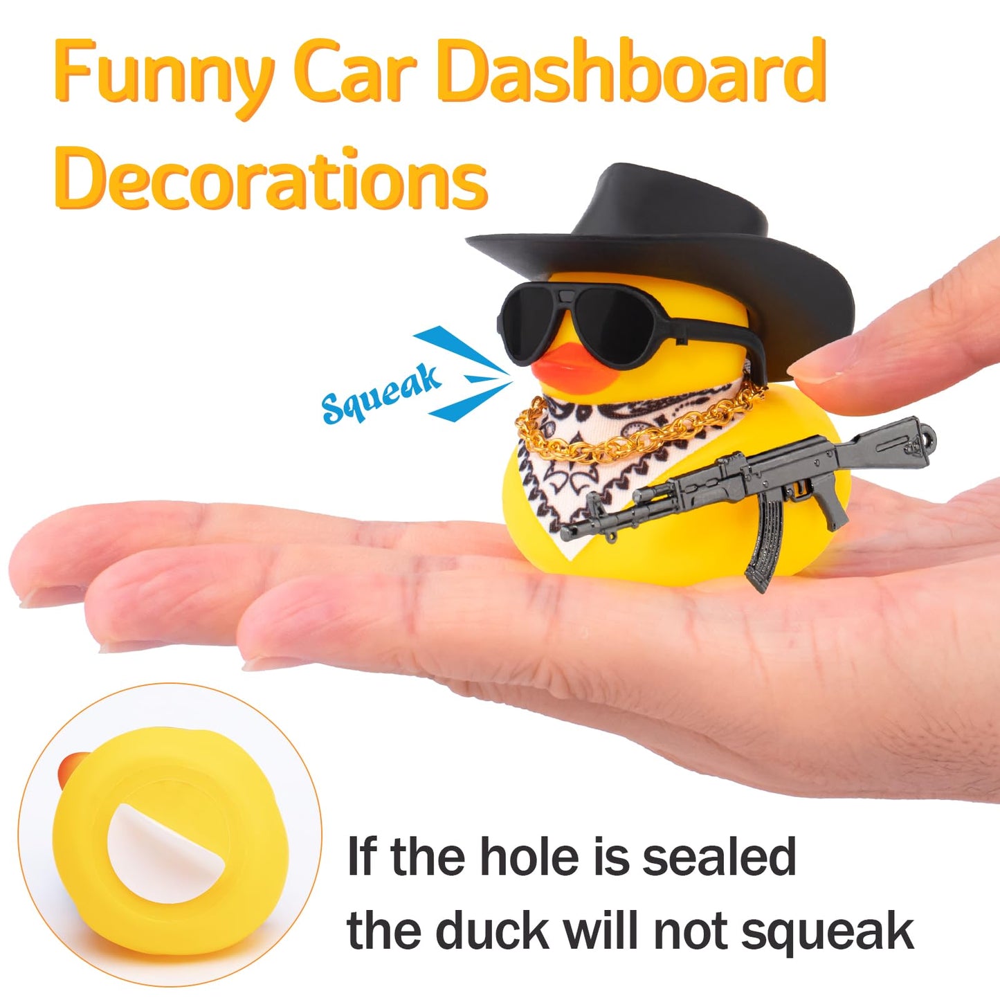 Wonuu Car Rubber Duck Ornament Cool Car Accessories Duck Car Dashboard Decoration Special Prop Cowboy Hat Necklace, M416