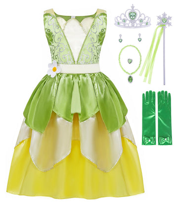 Cotrio Green Fairy Tale Fancy Dresses Girls Frog Princess Tiana Dress Toddler Kids Birthday Party Halloween Costume Outfits With Accessories Role Play Clothes Size 8 (7-8 Years, Green)