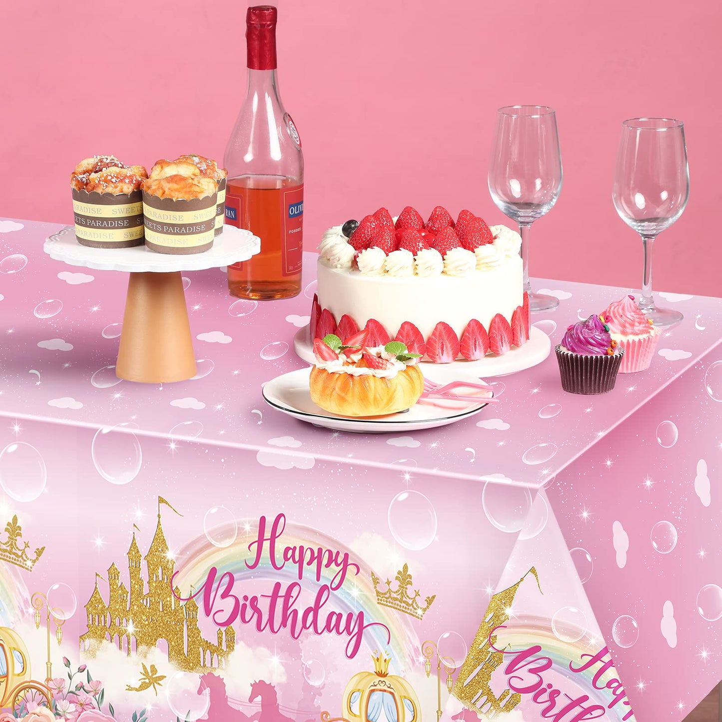 Oudain 3 Pack Princess Party Tablecloths Happy Birthday Princess Disposable Plastic Table Covers Unicorn Castle Rose Rectangular