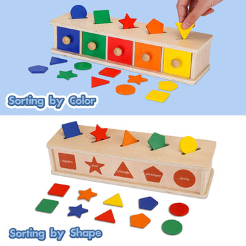 Montessori Toys Wooden Color & Shape Sorter Toys For Toddlers 1-3 Matching Box Sorting Blocks Manipulatives Preschool Learning A