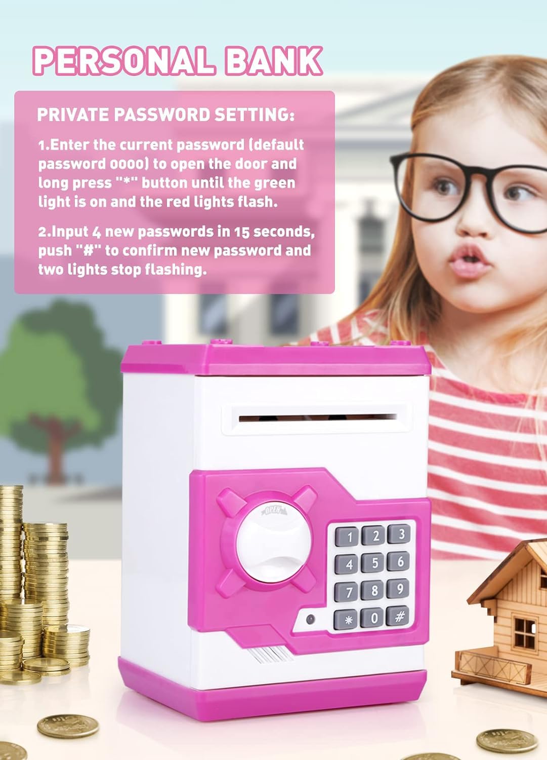 Playsheek Piggy Bank For Girls Boys Large Electronic Money Coin Banks With Password Protection, Automatic Paper Money Scroll Saving Box, Great Gift For Kids (Pink-White)