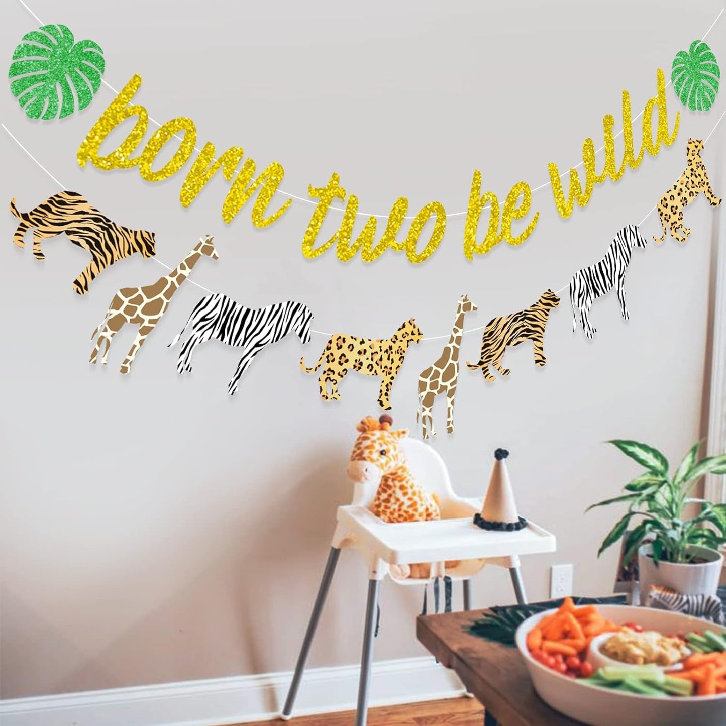 Sursurprise Born Two Be Wild Banner Gold Glitter Animal Print Cheetah Garland, Jungle Safari Theme Wild Two Second Birthday Part