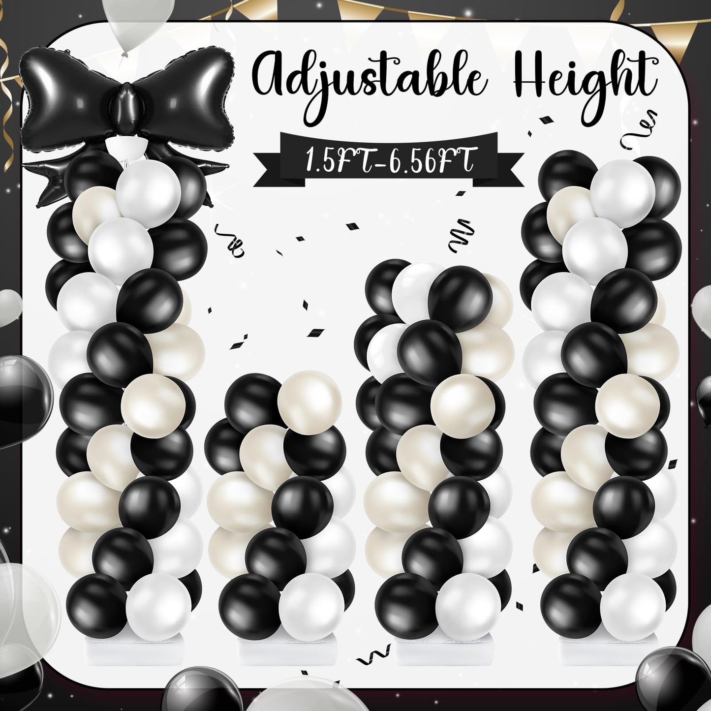 Kasyat Black Bow Balloon Column Stand Kit - 2 Adjustable Stands, 100 Latex Balloons, Black Bow Foil Balloons, Perfect for Parties