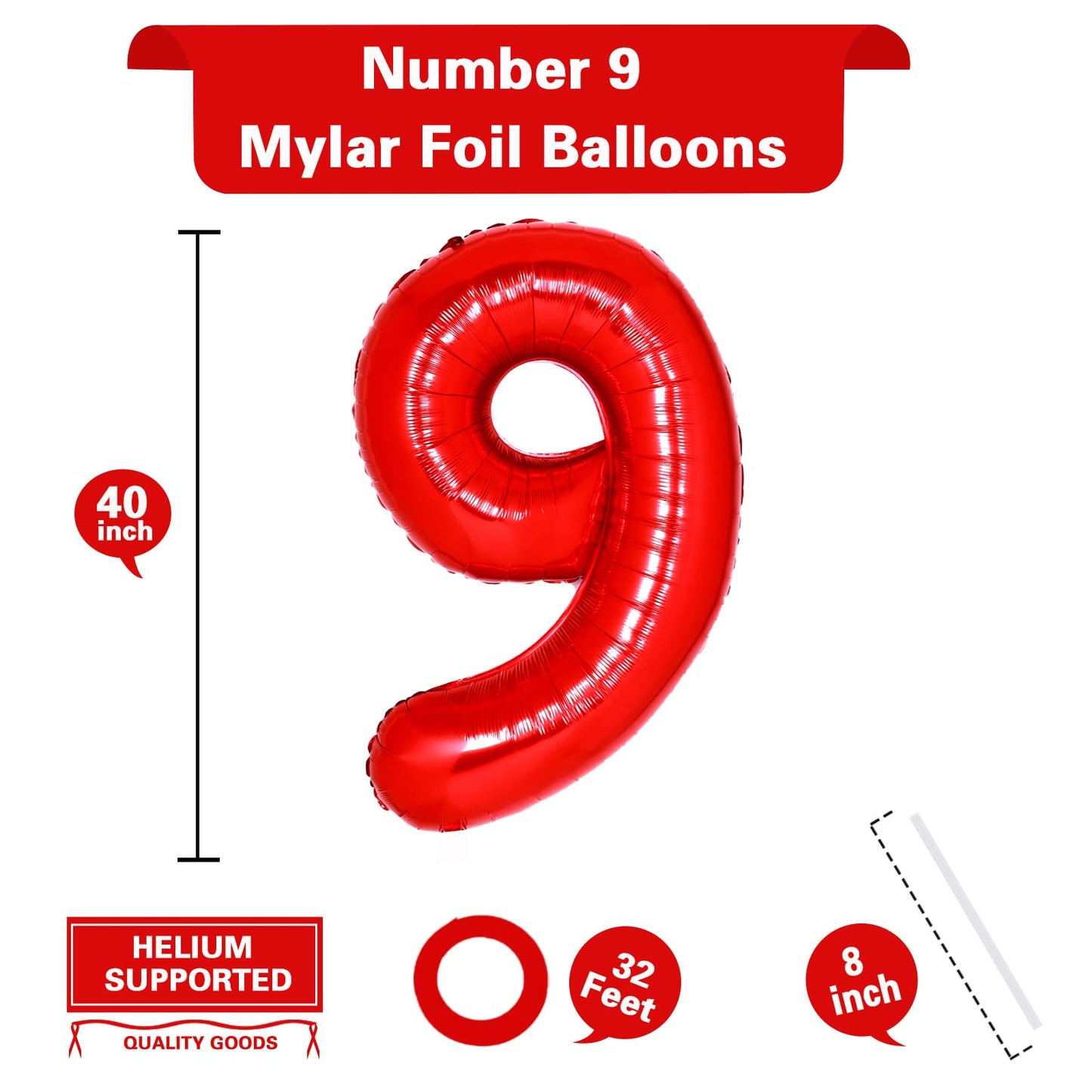 40 Inch Giant Red Number 9 Balloon, Helium Mylar Foil Number Balloons For Birthday Party, 9Th Birthday Decorations For Kids, Ann