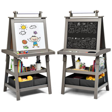 Costzon Kids Art Easel, 3 In 1 Double-Sided Wooden Easel W/Magnetic Whiteboard, Chalkboard & Paper Roll, 2-Tier Rack W/ 2 Storage Boxes, Standing Easel For Kids, Toddlers, Boys, Girls (Grey)