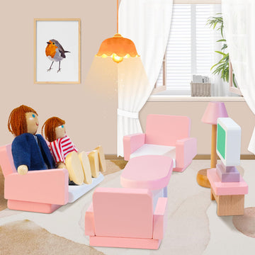 Kizfarm Wooden Dollhouse Furniture Set With 4 Family Dolls, 26 Pcs Pretend Play Dollhouse Accessories For 4 Rooms, Pink Furnitur