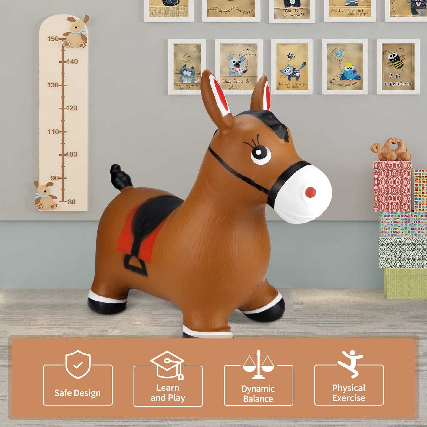 INPANY Bouncy Horse Hopper - Brown Inflatable Jumping Horse Toy for Kids, Rubber Material, Pump Included