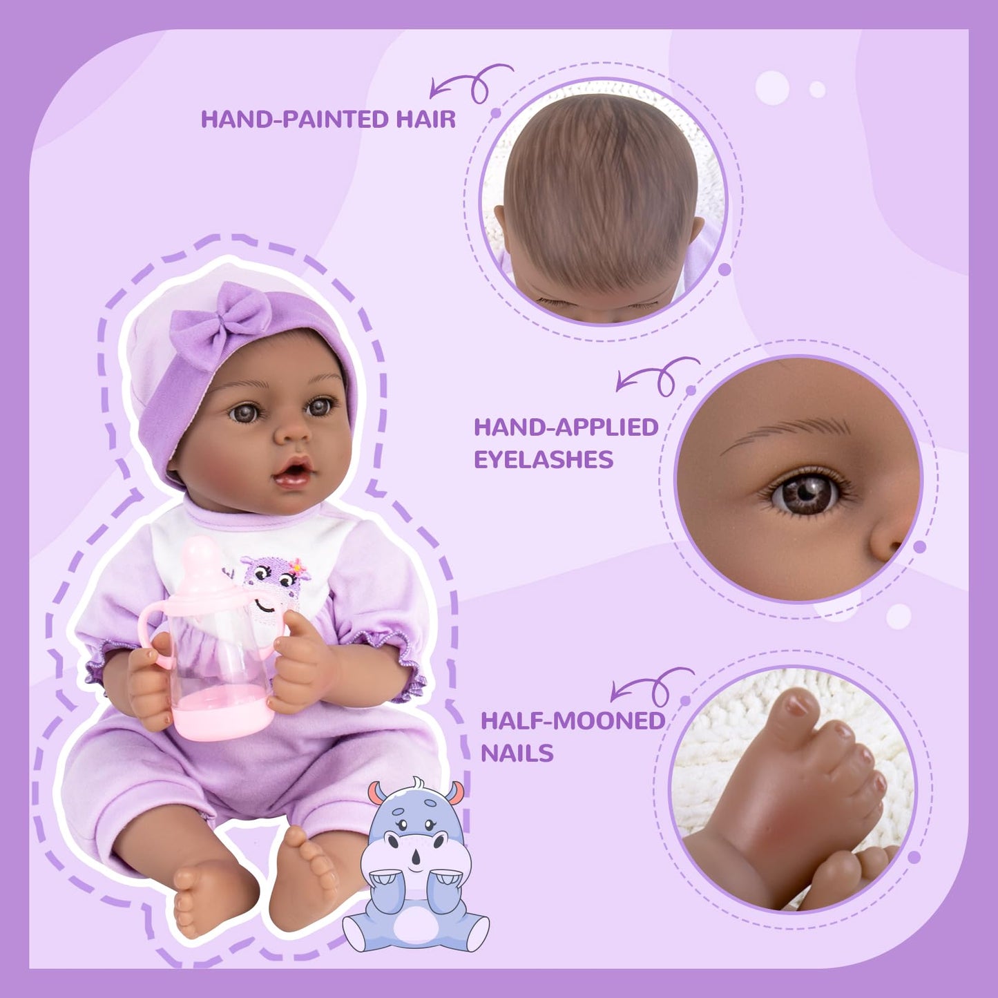 Aori Black Lifelike Reborn Baby Dolls -18 Inch Black American Realistic Newborn Girl Doll, Real Life Soft Vinly Limbs And Cloth Body Girl Doll And Bassinet Set
