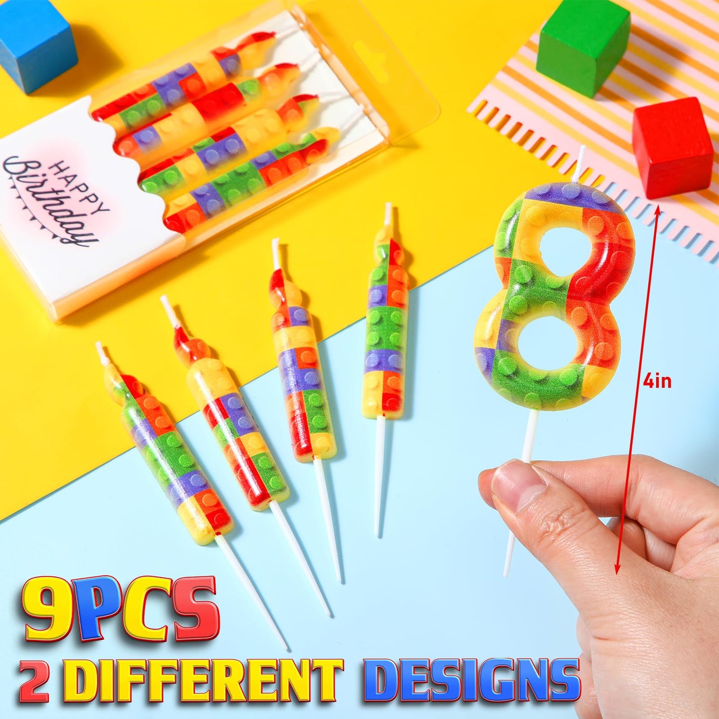 MTLEE 9 Pcs Building Block Candles Number 1-9 Building Block Birthday Candle Numeral Birthday Cake Topper Cupcake Candles for Bu