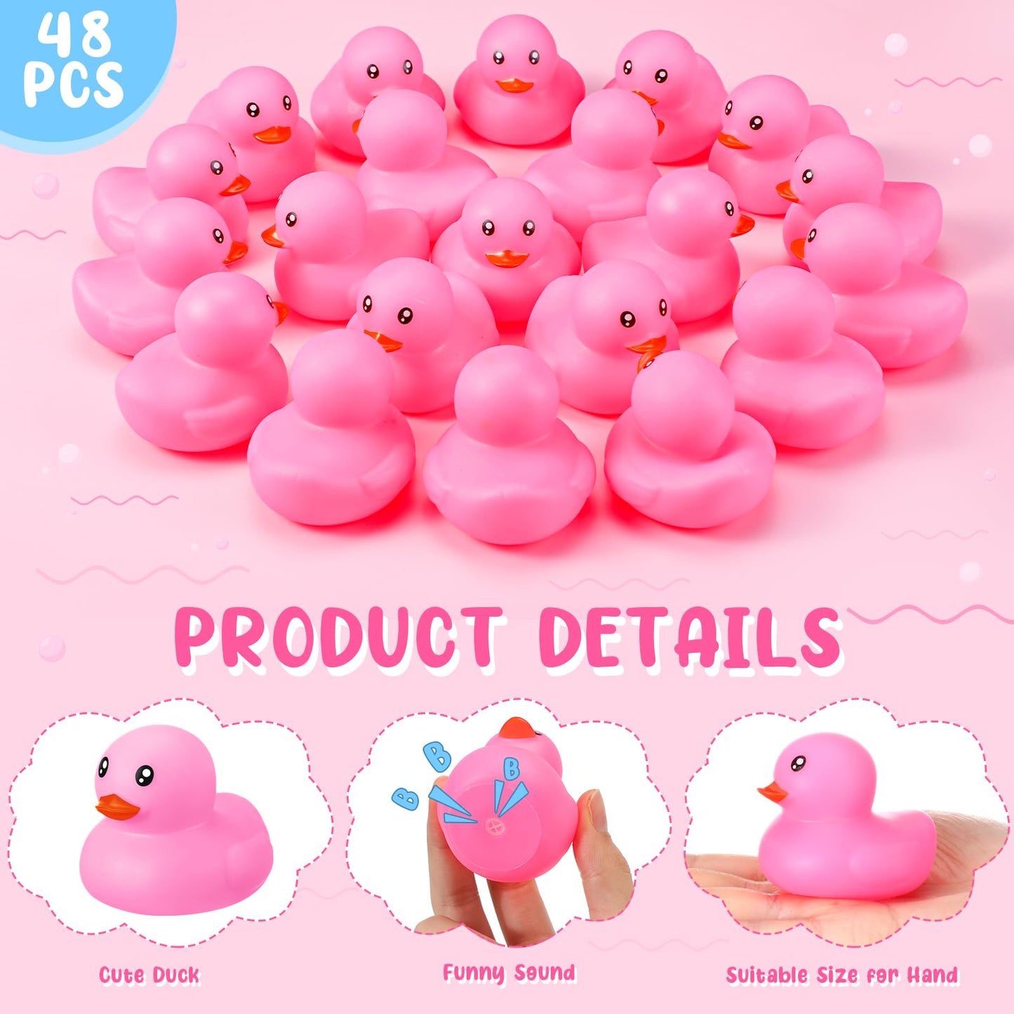 Hungdao 48 Pcs 2 Inch Mini Rubber Ducks For Kids Children Party Favors Bulk Bath Ducks Summer Pool Floating Toys Rubber Duckies Birthday Gifts For Boys Girls Baby Shower Supplies(Pink)