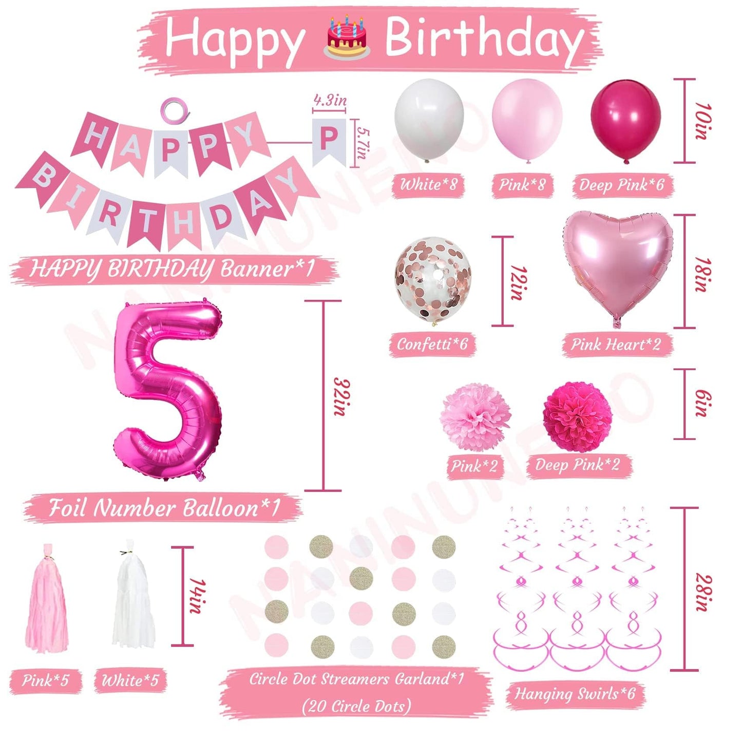 Sweet 5Th Birthday Decorations For Girls, Pink And White 5 Happy Birthday Balloons,5Th Birthday Party Supplies For Daughter Her