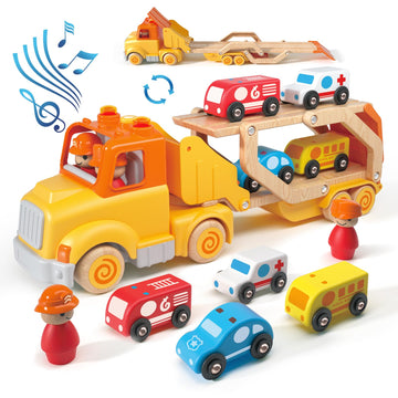 Toddler Car Toys for 2 3 4 5 Years Old Kids, Transport Carrier Truck Toy with 4 Wooden Vehicle, 24IN Foldable Track Trailer with