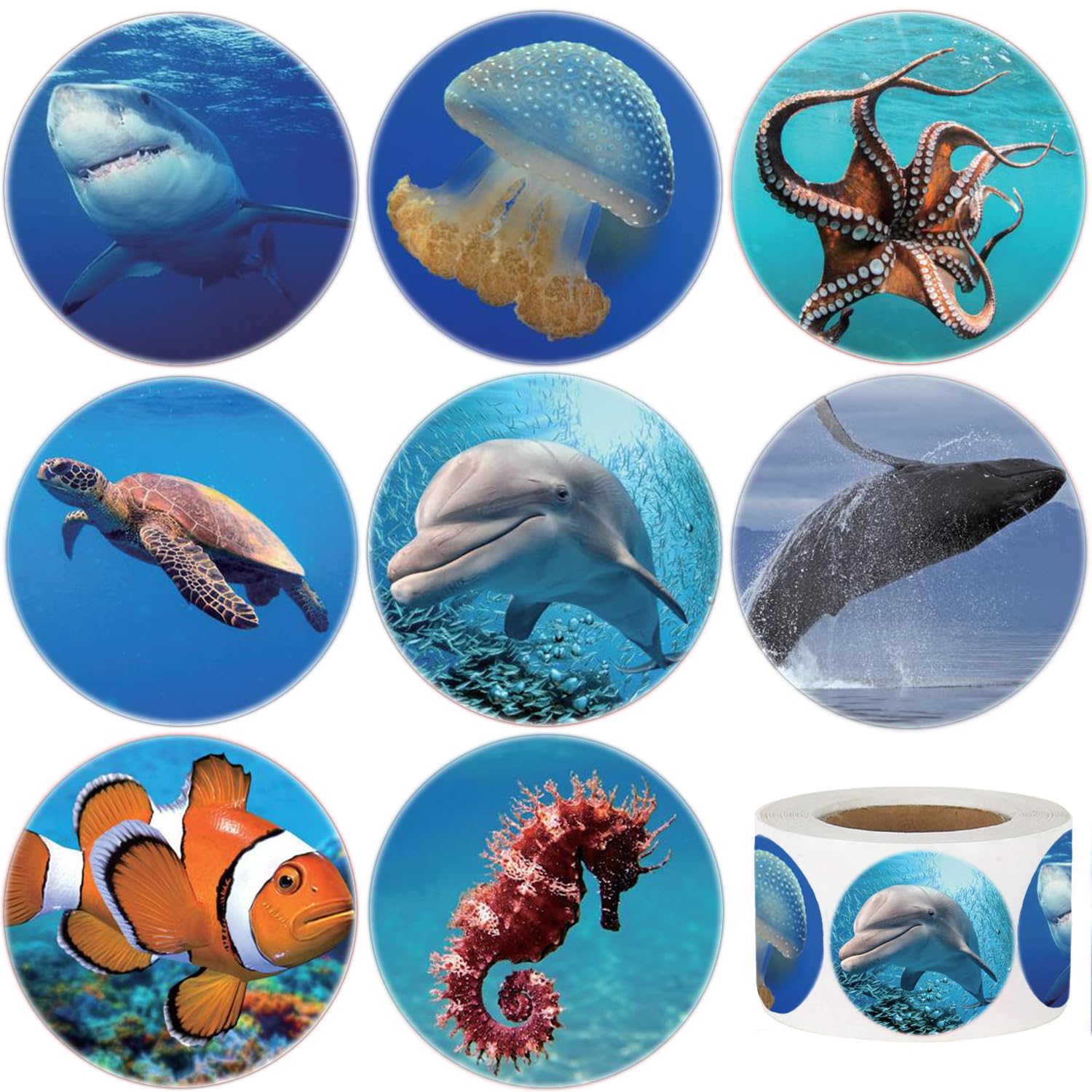 Hohamn 600Pcs Round Sea Animals Stickers Roll 1.5 Inch Ocean Life Label Stickers for Kids Party Favors Teacher Reward Encouragem