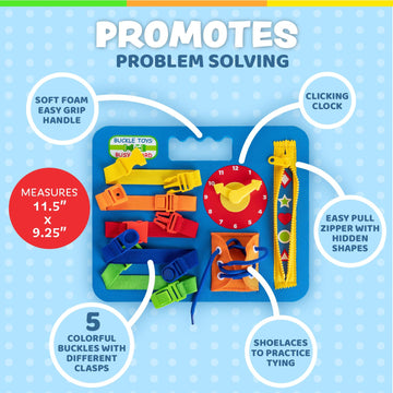 Buckle Toys Busy Board - Montessori Learning Toy For Toddlers Kids Road Trip Activities - Foam Sensory Board - Develop Fine Motor Skills - Blue