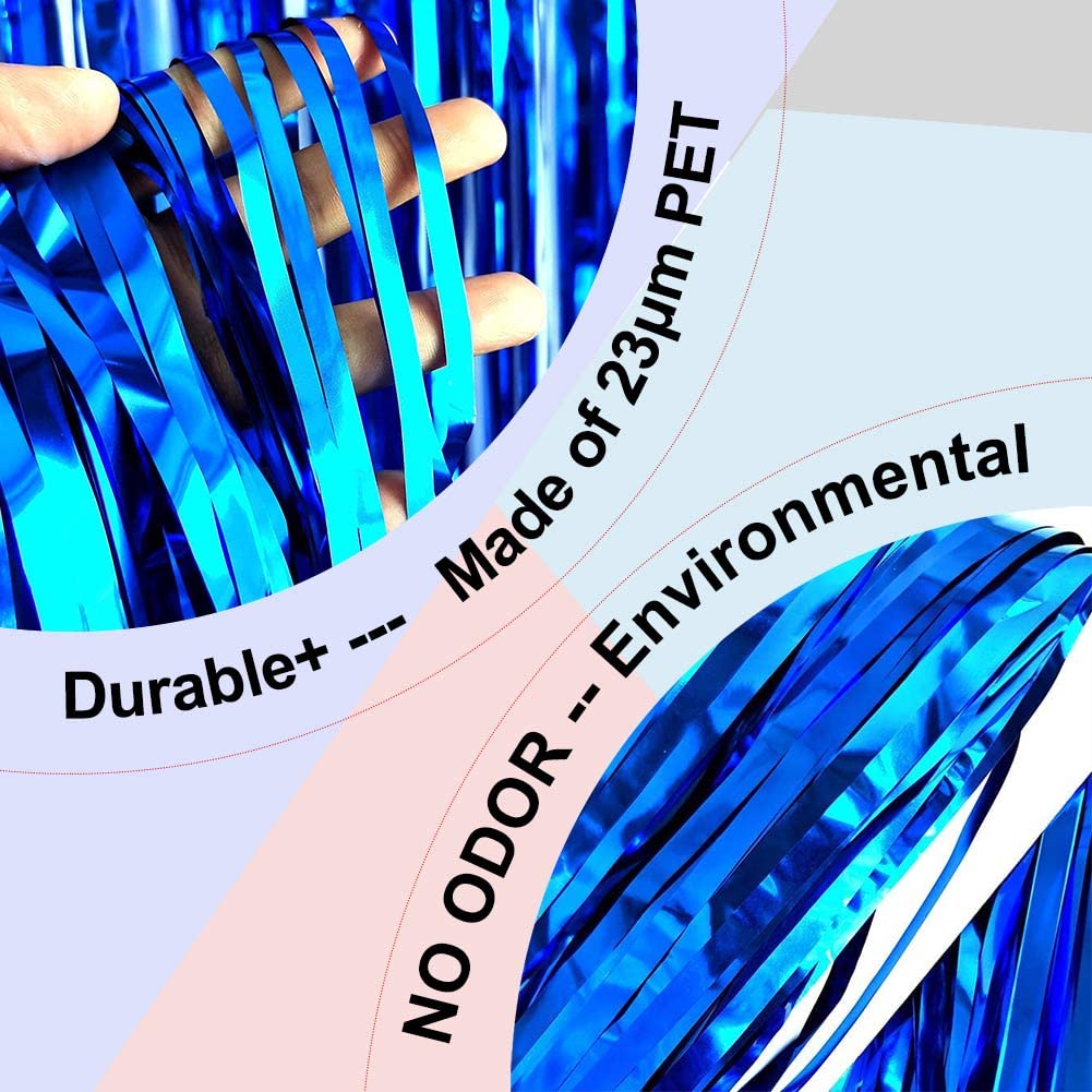 EUFARS Blue Foil Fringe Curtain- 4 Pack of 3.2x8.2ft Blue Streamers Backdrop Curtains for Blue Party Decorations Blue Photo Boot