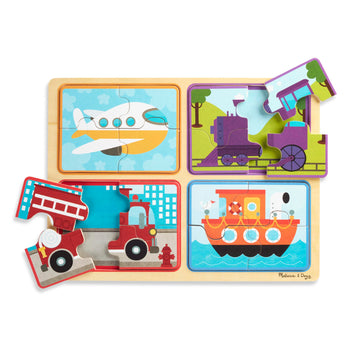 Melissa & Doug Natural Play Wooden Puzzle: Ready, Set, Go (Four 4-Piece Vehicle Puzzles)