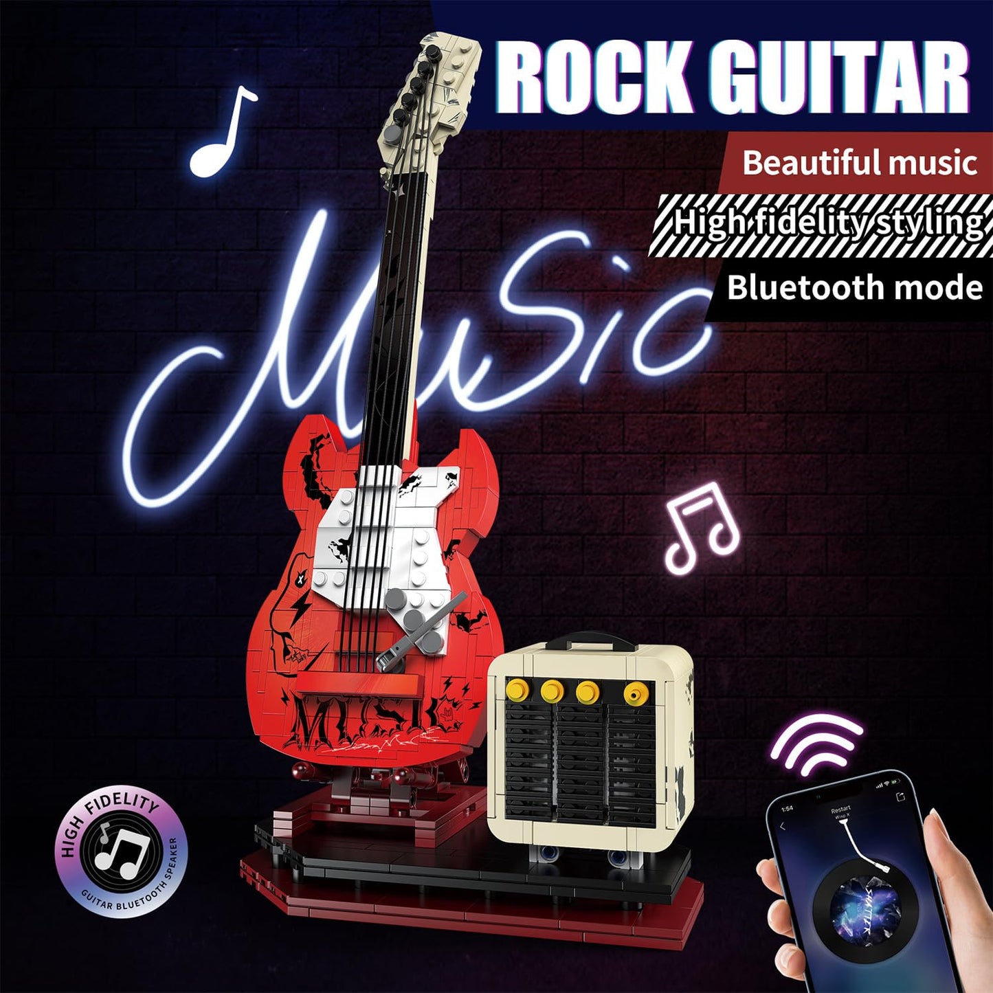 Xydongtong Guitar Music Interactive Building Set For Music Lovers, Diy Guitar Model Toy Compatible With Lego,Reverb Amplifier &
