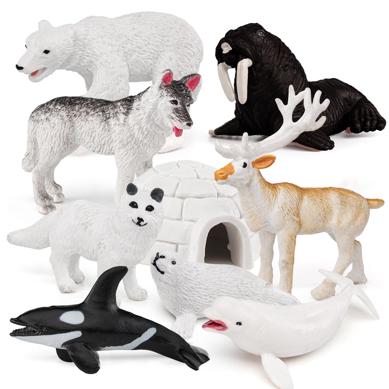 Bretoyin 10Pcs Mini Arctic Animals Toys Set Polar Animal Figurines Arctic Tundra Deer Toy Animal Small White Bear Arctic Fox Kid