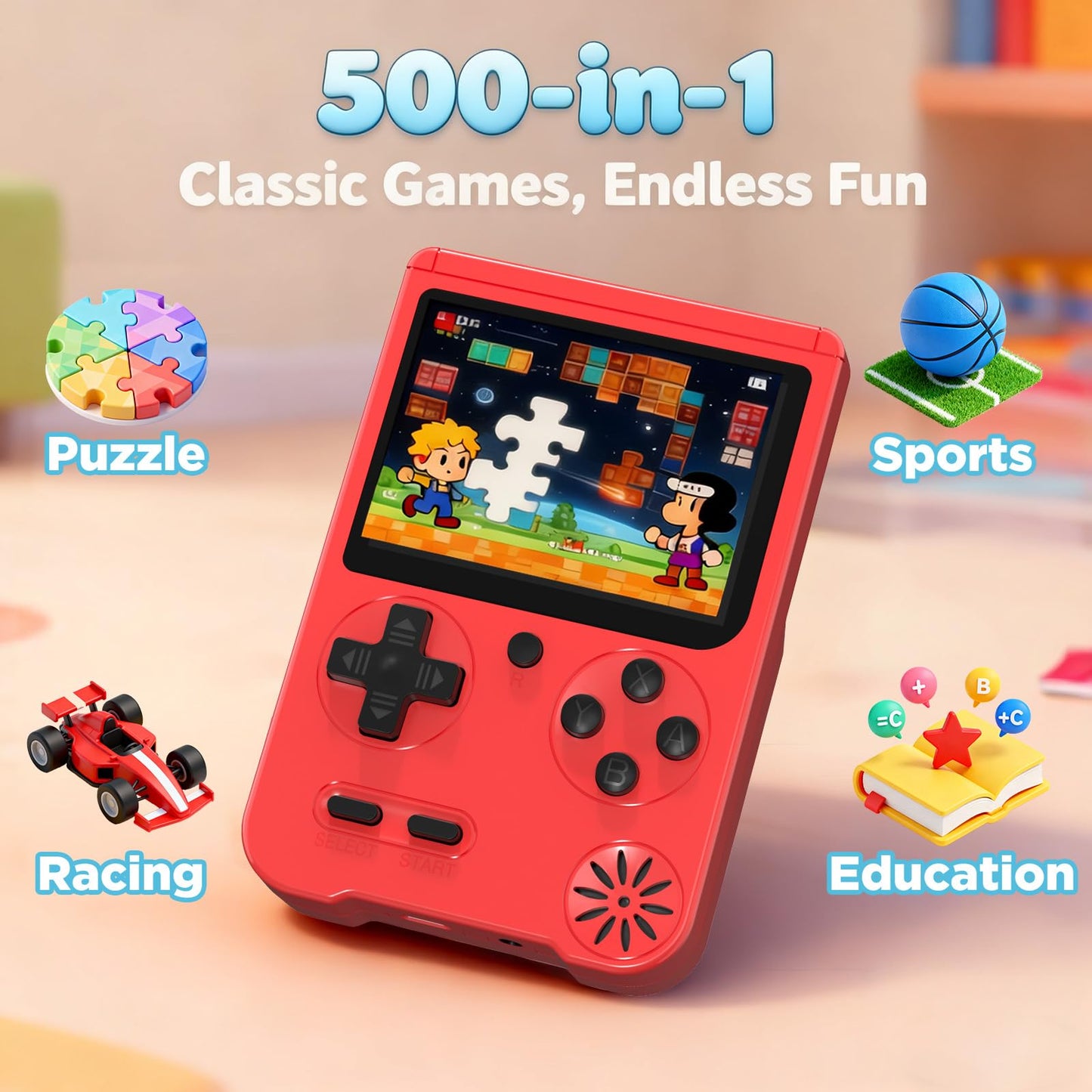 500-in-1 Classic Game Console, Single Player Handheld Gaming System with 3.0-inch Display, Rechargeable Battery and TV Connectio