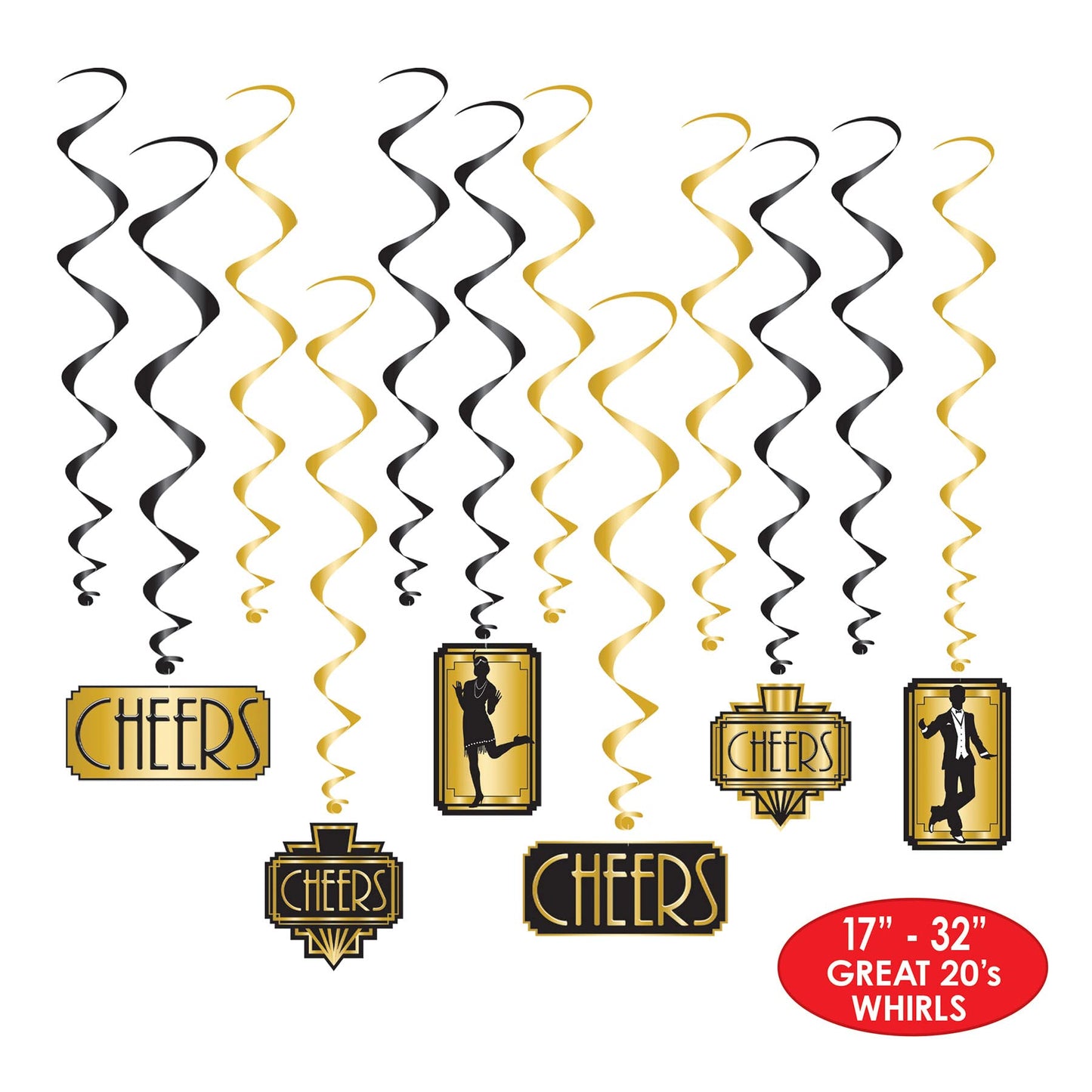 Beistle 24 Piece Roaring 20 Swirls 1920s Theme Party Decorations Dangling Whirls, 17-32, Black/Gold