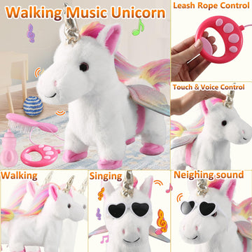 White Walking Unicorn Toy Set Singing Dancing Electronic Plush Unicorn With Control Leash, Realistic Footsteps Nodding Tail Wagging Pretend Dress Up Cute Wings Animated Stuffed Unicorn Gift For Girl