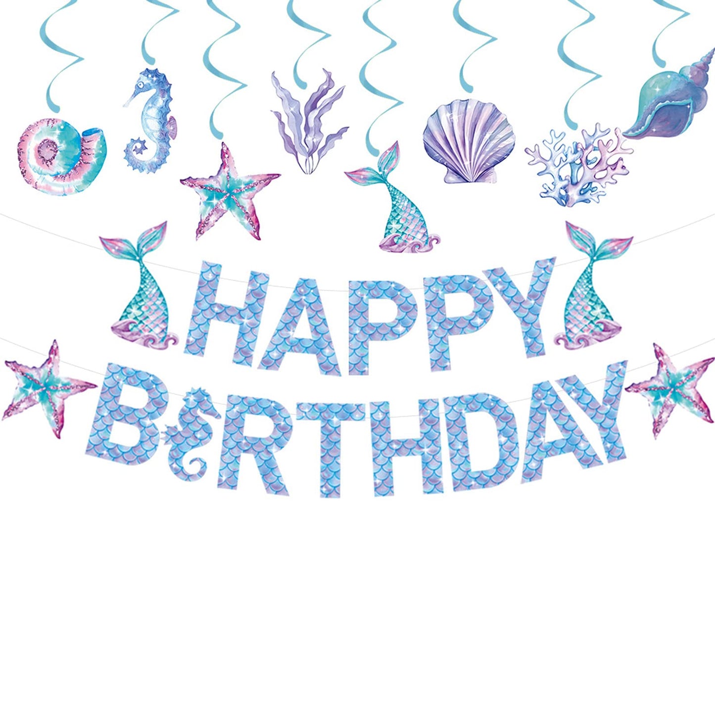 Zwiebeco Mermaid Birthday Party Decoration Supplies - Mermaid Happy Birthday Banner Bunting Garland Hanging Paper Swirls Kit For
