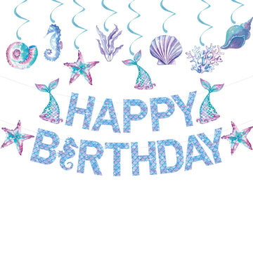 Zwiebeco Mermaid Birthday Party Decoration Supplies - Mermaid Happy Birthday Banner Bunting Garland Hanging Paper Swirls Kit For