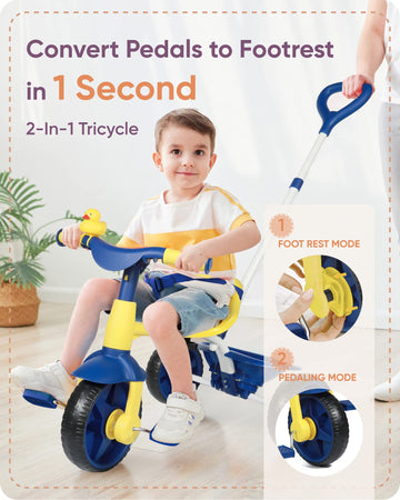 KRIDDO 2 in 1 Kids Tricycle, EVA Wheels, Push Handle, Age 18 Months to 3 Years, Blue