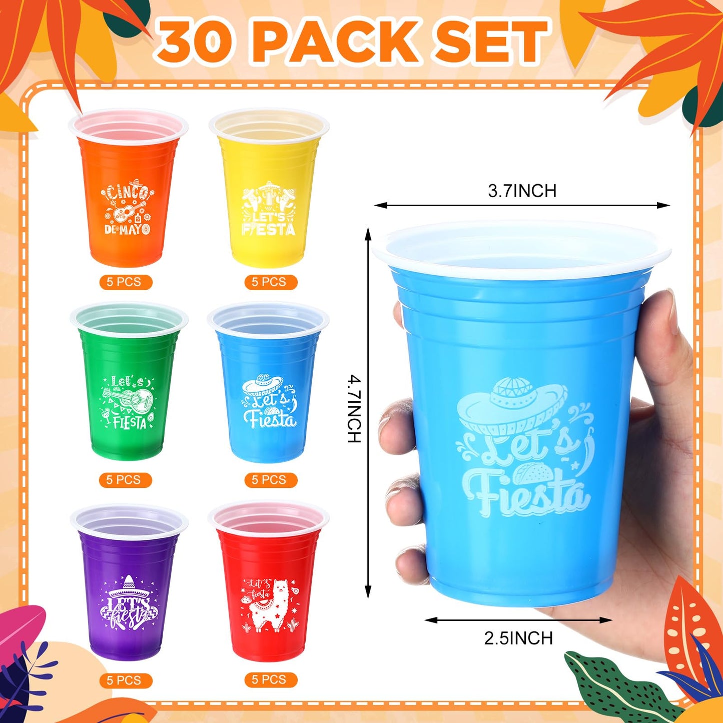 Ziliny 30 Pack Lets Fiesta Cups Mexican Party Supplies Cinco De Mayo 12 oz Disposable Plastic Cups for Taco Baby Shower Birthda