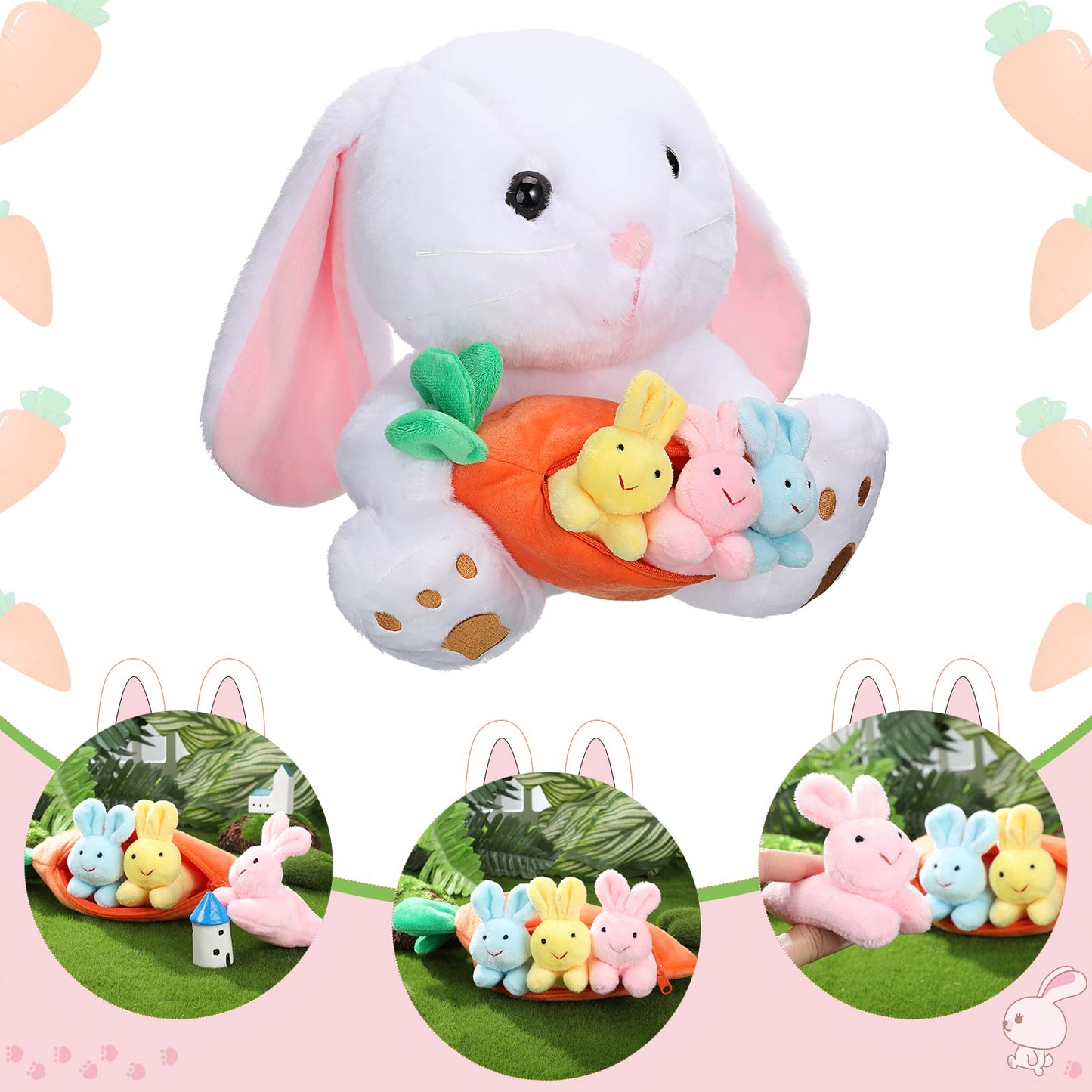Chalyna Bunny Stuffed Animals With 3 Bunnies In A Carrot Rabbit Decor 10 Inches Easter Rabbit Plush Soft Cute Bunny Plush Toys D