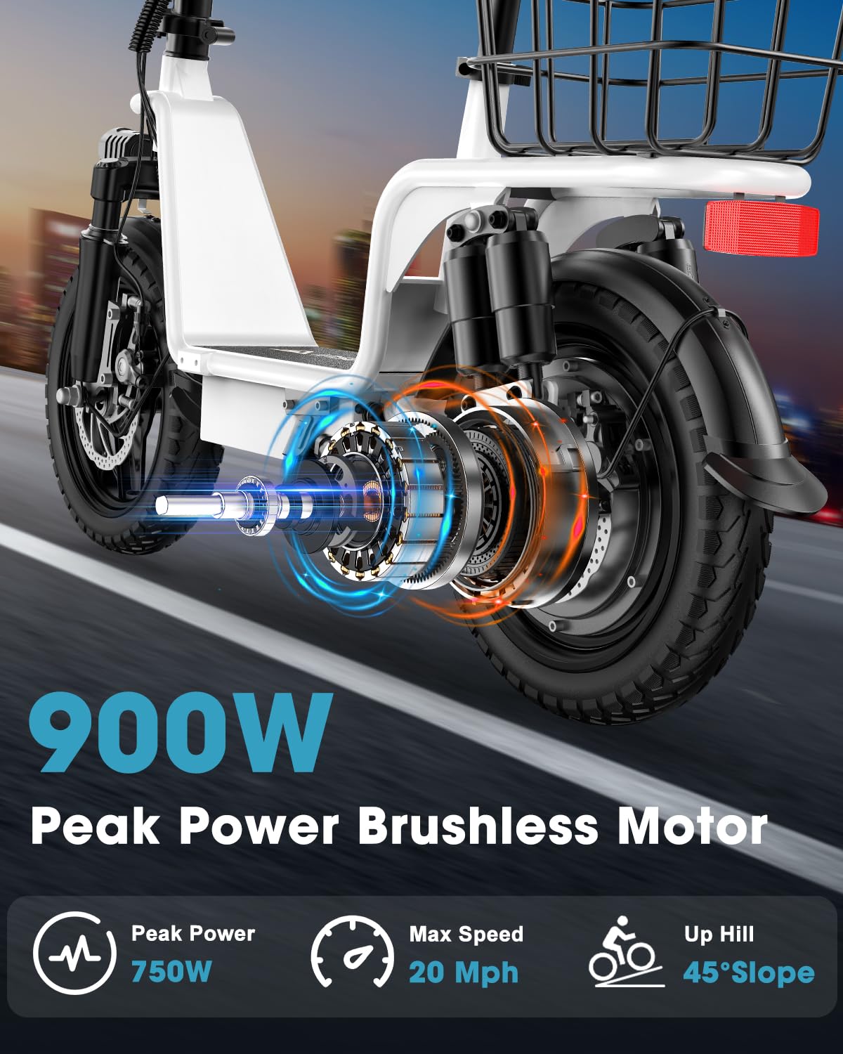 INSDRGN Peak 900W Electric Scooter mature-themeds with Seat  33 Miles Range  499.2Wh Li Battery  20MPH Folding E Scooter with Large Middle Basket  with Phone Holder Ebike for Pets & Cargo  White