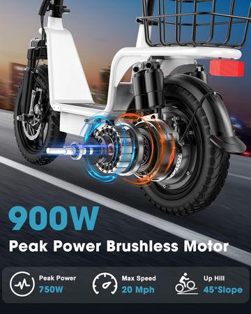 INSDRGN Peak 900W Electric Scooter mature-themeds with Seat  33 Miles Range  499.2Wh Li Battery  20MPH Folding E Scooter with Large Middle Basket  with Phone Holder Ebike for Pets & Cargo  White