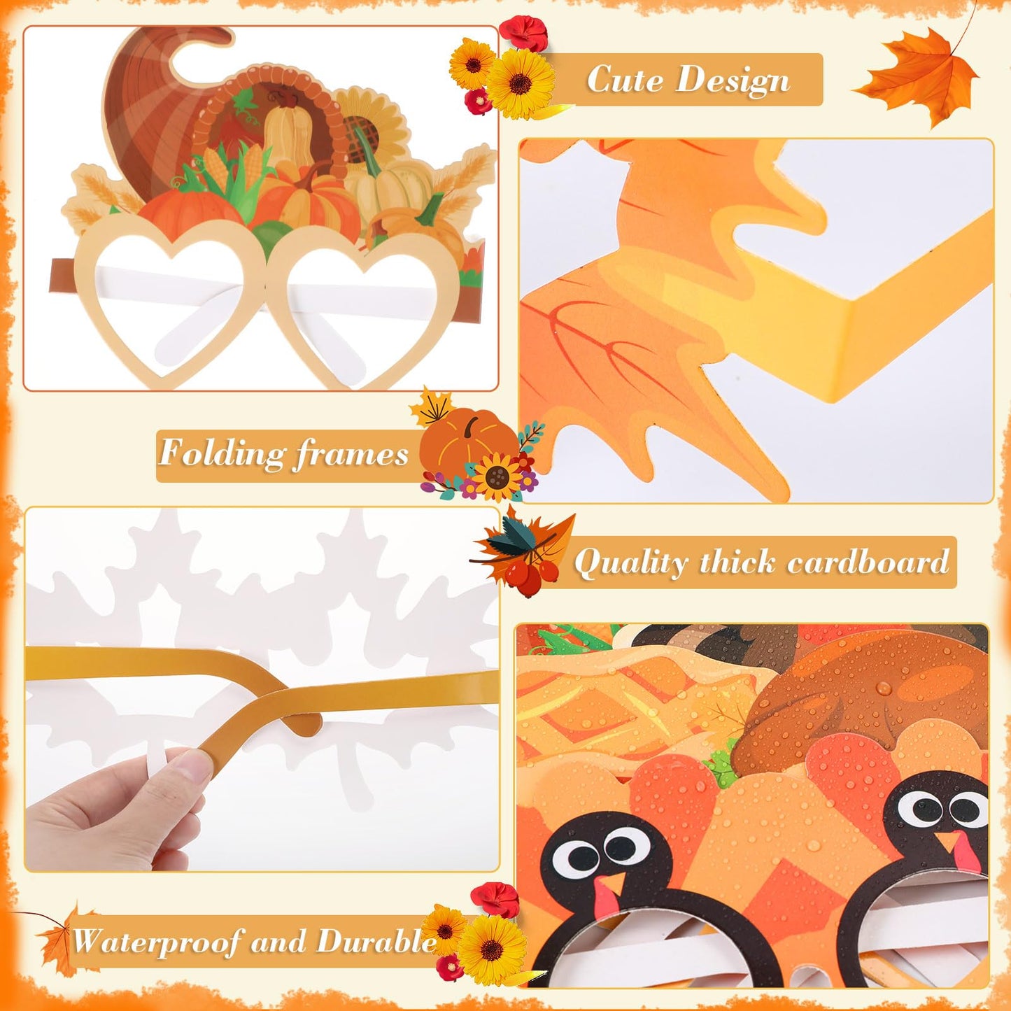 Hiboom 24 Pcs Thanksgiving Paper Glasses Fall Party Decoration Turkey Maple Leaf Eyeglasses Autumn Costume Photo Booth Props for