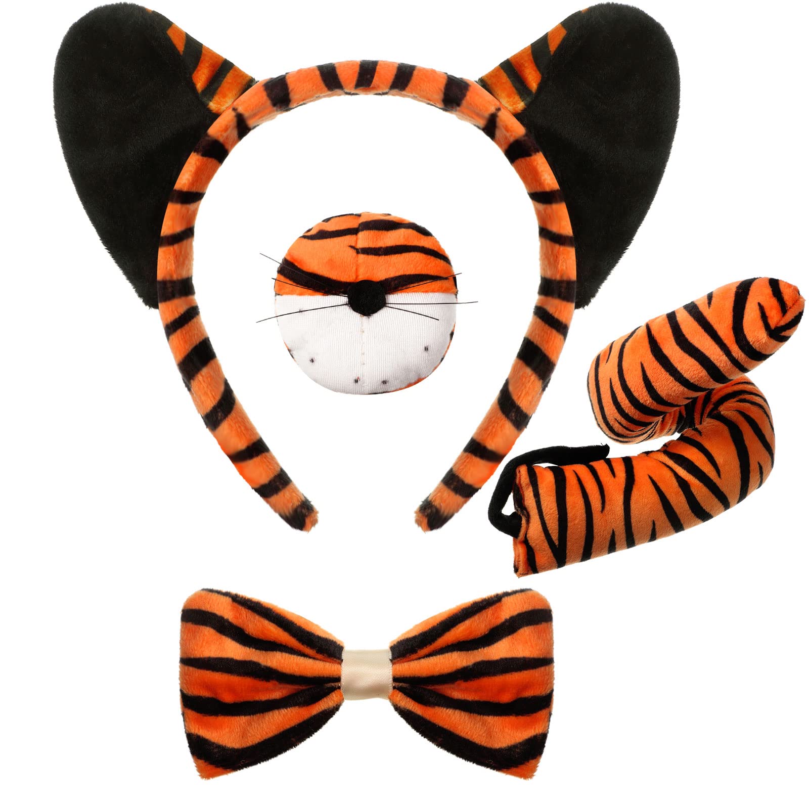 4 Pcs Kids Tiger Costume Kits Tiger Ear Headband Tail Nose Bow Tie Animal Tiger Fancy Costume For Halloween Cosplay Party(Vivid 