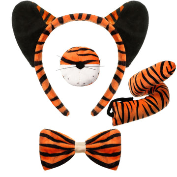 4 Pcs Kids Tiger Costume Kits Tiger Ear Headband Tail Nose Bow Tie Animal Tiger Fancy Costume For Halloween Cosplay Party(Vivid 