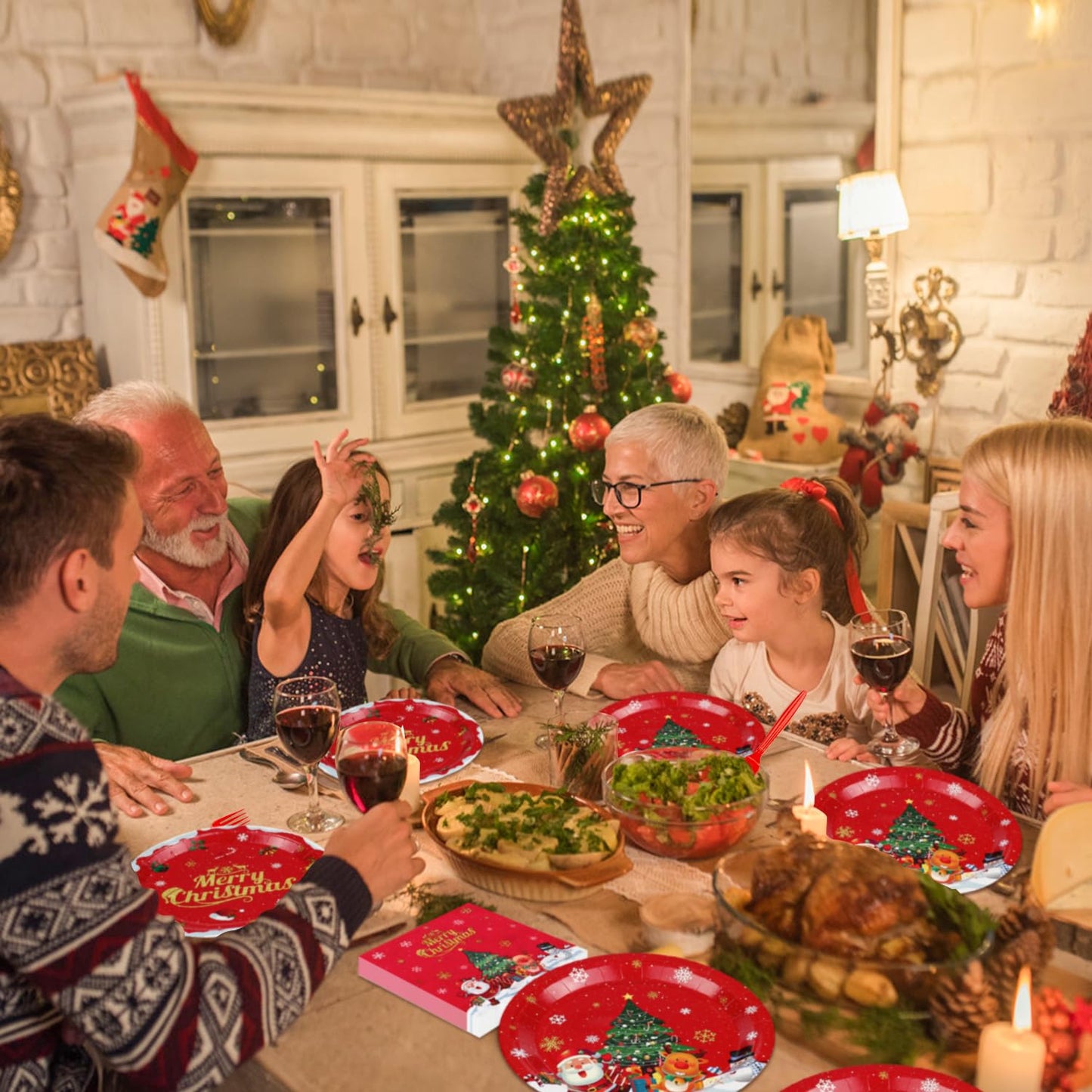 XJLANTTE Christmas Party Decorations - Including Merry Christmas Paper Plates, Snowman Napkins, Forks Christmas Dinnerware Set f