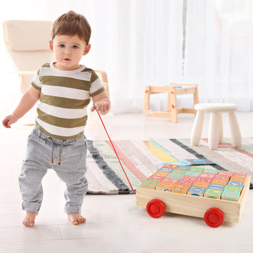 Joqutoys Wooden Building Blocks For Toddlers 1-3, Large Wood Baby Stacking Blocks Set For Kids, 30 Pcs Alphabet Blocks With Toy Wagon, Educational Wooden Toys For Boys Girls Gifts 1.65'