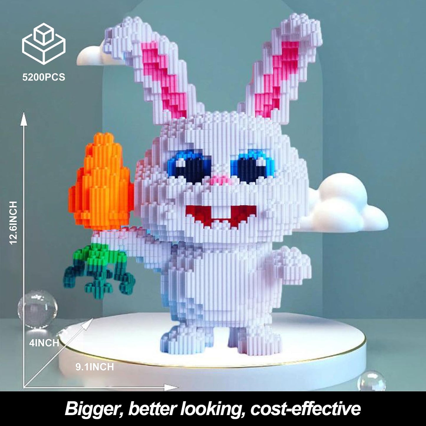 JQARCH Rabbit Micro Building Blocks Set - 5200pcs Easter Bunny with Carrot, Medium to Large, White Plastic, Compatible with Lego