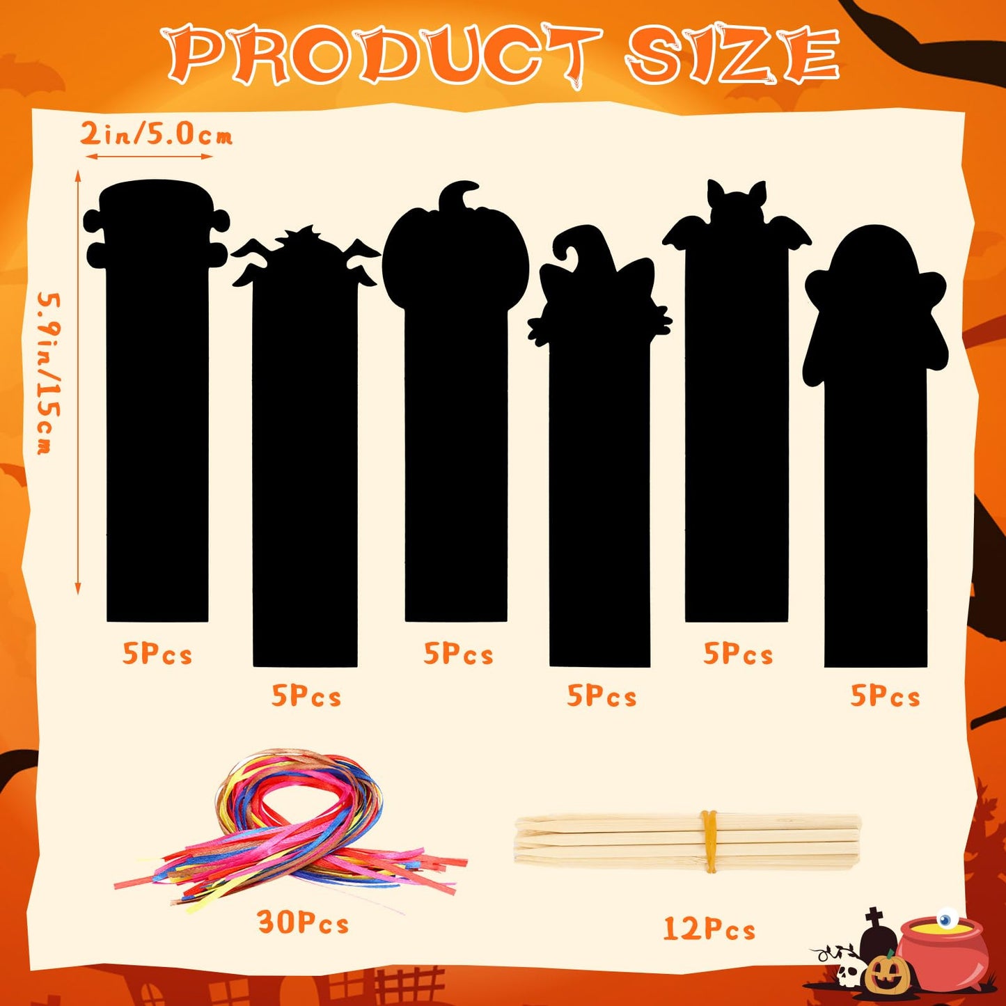 JUNEBRUSHS 30Pcs Halloween Scratch Bookmarks, Rainbow Magic Scratch Paper Art Pumpkin Bat Spider DIY Crafts Kit for School Class