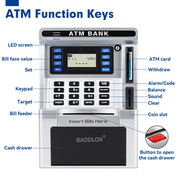 Baodlon Piggy Bank For Kids, Atm Machine Bank For Real Money With Debit Card, Bill Feeder, Coin Recognition, Balance Calculator, Electronic Savings Safe Box, Cool Stuff Toys Gifts For Teen Boys Girls