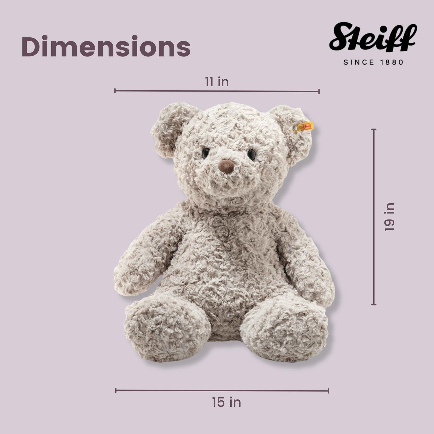 Steiff Honey Teddy Bear Plush Toy, 19" Soft Cuddly Gray Stuffed Animal, Model 113482, Perfect for Kids and Collectors