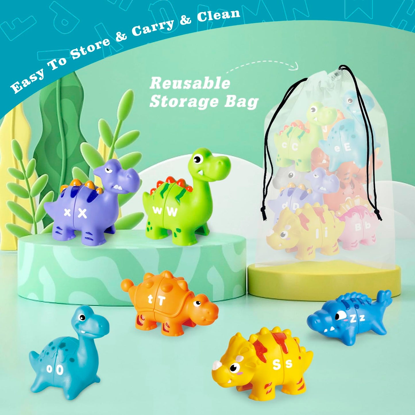 Happymate 52 Pcs Dinosaur Alphabet Learning Toys For Toddlers 2-4, 10 Different Dinosaur Figures, Double Sided Abc Matching Game