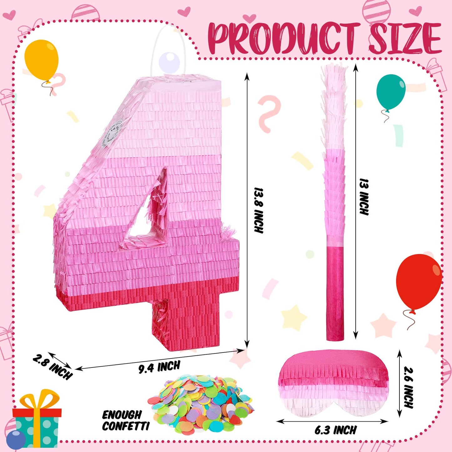 Number Pinata Number Birthday Pinata Decorations Gradient Pink Pinata With Stick Blindfold Confetti For Girls Boys Birthday Anniversary Party Decorations Supplies (Number 4)